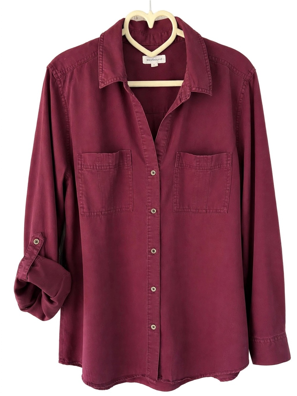 Westbound Tencel Lyocell Button Down Shirt Burgundy Wine L Roll Tab Sleeve